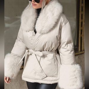 Luxe vegan fur detail belted puffer coat